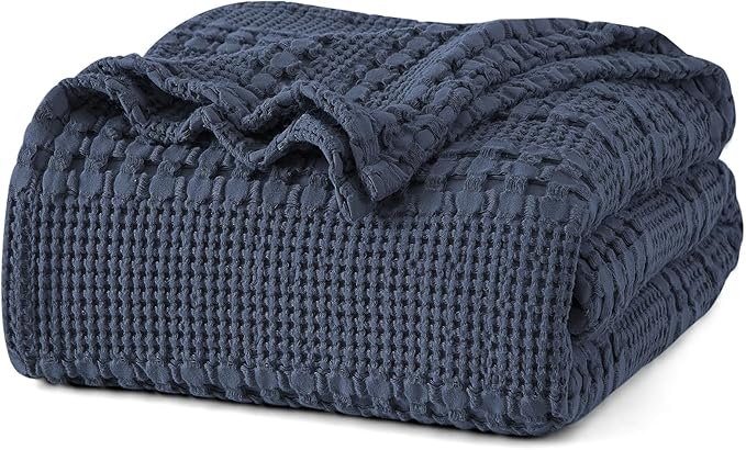 PHF 100% Cotton Waffle Weave Blanket Queen Size, Soft Lightweight Breathable Cozy Summer Blankets for Bed, Luxury Aesthetic Woven Bedding for Home Decor, 90"x90", Dark Navy