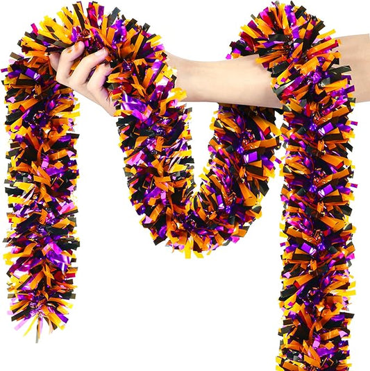 50FT Halloween Decorations Tinsel Garland, Orange Purple Black Shiny Metallic Tinsel Twist Hanging Streamers Garland for Halloween Birthday Home Tree Banister Indoor Outdoor Party Decor Supplies