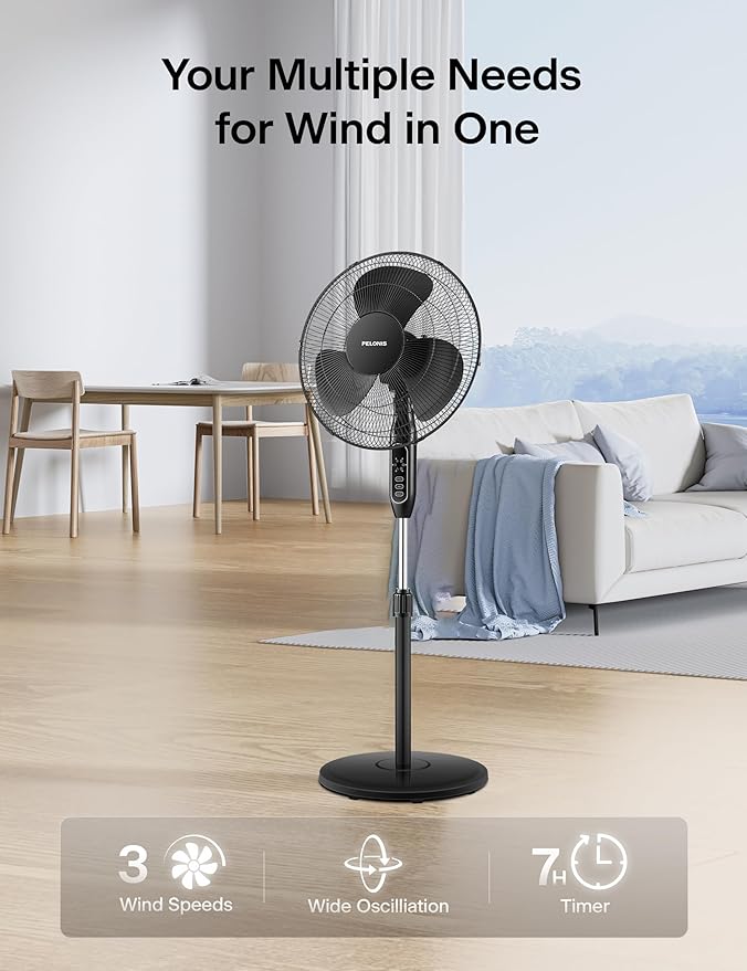 PELONIS 16'' Pedestal Fan for Bedoom, Remote, Standing Fan with 7-Hour Timer, 90° Oscillation, 3-Speeds, Adjustable Height, Electric Cooling Fans for Living Room and Office