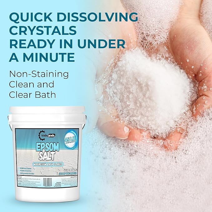 Epsom Salt Bath Soak 45 lb Bucket – Unscented, Pure Epsom Salt Bulk Crystals, Magnesium Sulfate for Full Body or Foot Soaks, Resealable Container with Scoop for Home Bath Use