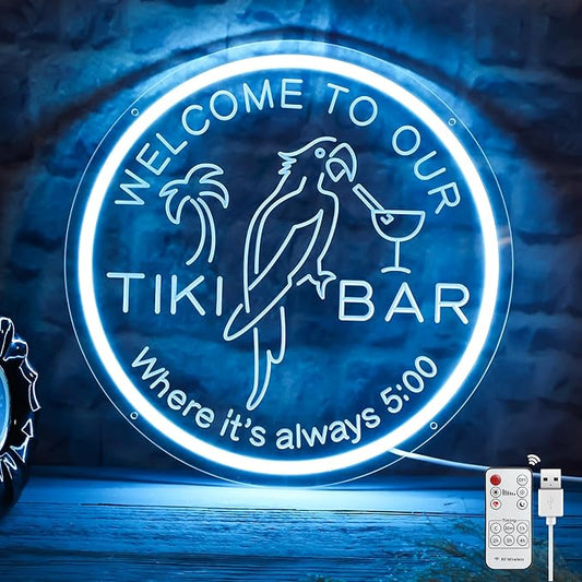 Tiki Bar Neon Sign for Bar Wall Decor, Timing Dimmable LED Neon Bar Lights, 3D Engraving Tiki Parrot Summer Light Up Signs for Home Pub Man Cave Club Restaurant Bistro Party, 12x12 Inch