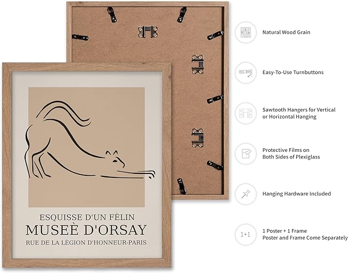 Poster Master Vintage Poster - Retro Minimalist Print - Gift for Artist, Housewarming - Cat, Line Drawing, Sketch, Abstract - Wall Decor for Living Room, Bedroom, 11x14 Beige Framed