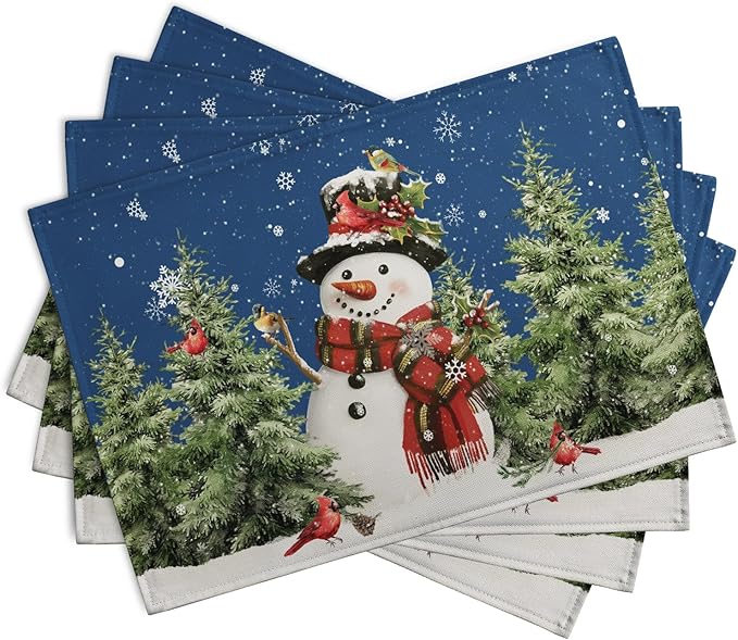 Blue Snowman Christmas Placemats Set of 4 Xmas Tree Cardinal Snowflakes Linen Table Mats Seasonal Winter Holiday Place Mats Washable Placemat for Party Kitchen Dining Outdoor Indoor Decor