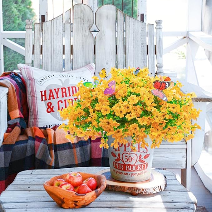 ‌20 Bundles Artificial Flowers for Outdoors‌ with 6 Faux Butterflies, UV Resistant ‌Fake Flowers‌ with Eucalyptus Leaves, ‌Artificial Plants Outdoor‌ for Patio Garden Porch Home Decor (Yellow)