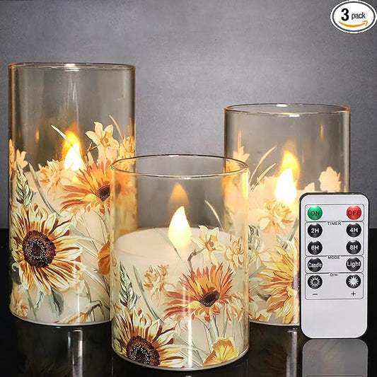 MELTONE Autumn Sunflower Flameless Candles Remote Real Wax Flickering Battery Operated Glass Candles - Home Party Bedroom Birthday Christmas Summer Fall Decorations