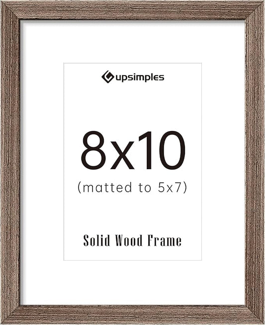 upsimples 8x10 Picture Frame, Natural Solid Wooden Picture Frames, Display 5x7 with Mat or 8 x 10 Without Mat, Wall or Tabletop, 1 Pack, Brown