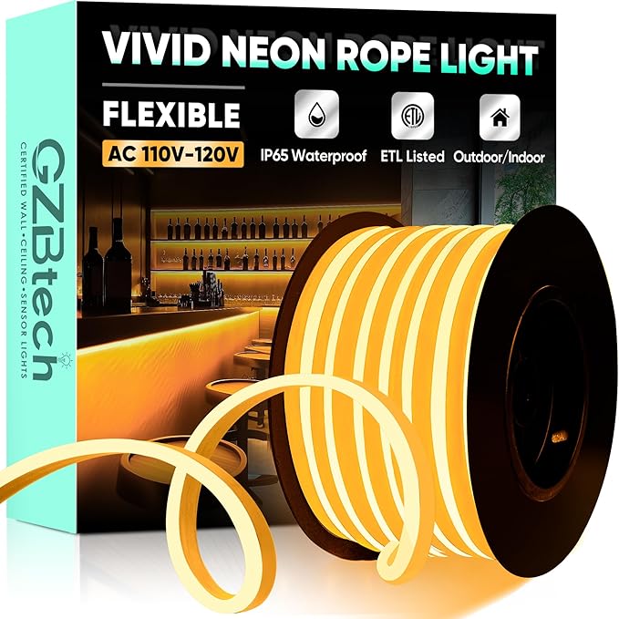 GZBtech Flexible LED Neon Rope Lights 50FT,AC 110-120V Waterproof Strip Light, 120 LEDs/M Cuttable Connectable Neon Lighting for Indoor Outdoor Home Decor/Commercial Building Use-Amber 15M