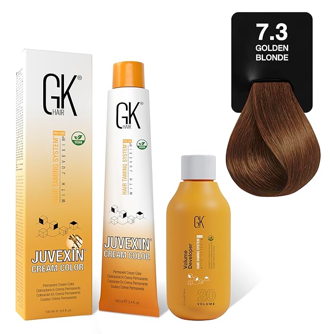 GK HAIR Global Keratin Goldens 7.3 Blonde Hair Color Cream Tube (3.4 Fl Oz/100ml) + 20 Volume Developer (5 Fl Oz/150ml) - Professional Permanent Long Lasting Toner Dye
