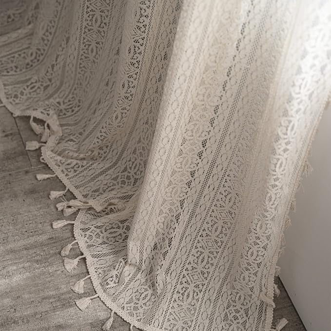 Sutuo Home Boho Curtain Crochet Lace Semi-Sheer Florals Hollow Knitted Handmade Tassels, Rod Pocket Window Treatment Vintage Rustic Farmhouse Drapes for Living Bedroom, 1 Panel 59" W x 96" L, Beige
