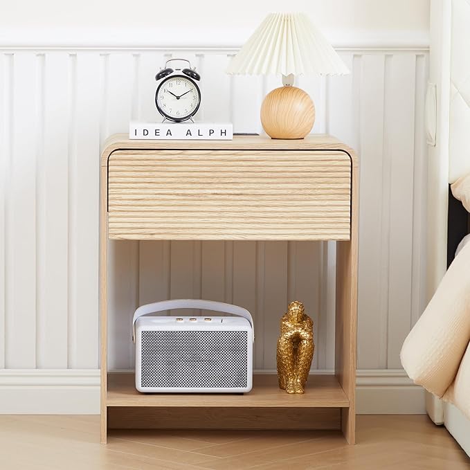 Fluted Nightstand with Charging Station, Mid Century Modern Bed Side Table End Table with Drawer Storage, Large Wooden Night Stands Bedside for Bedroom Living Room Sofa Office, Natural