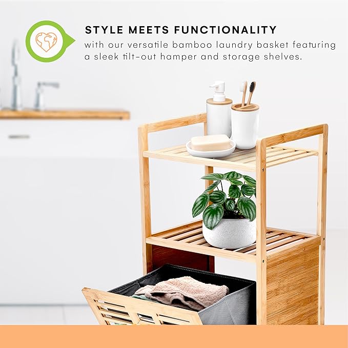 Prosumer’s Choice Bamboo Tilt-Out Laundry Hamper with 2-Tier Storage Shelves – Freestanding Clothes Hamper with Removable Liner, Space-Saving Design for Bathroom or Bedroom – 15.5”L x 11.8”W x 37.4”H