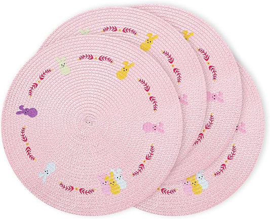Whaline 4Pcs Round Bunny Easter Placemats Pink Rabbit Embroidered Place Mats Spring Cute Rabbit Dinner Table Mat Easter Dining Kitchen Table Mats for Home Wedding Baby Shower Birthday Party Decor