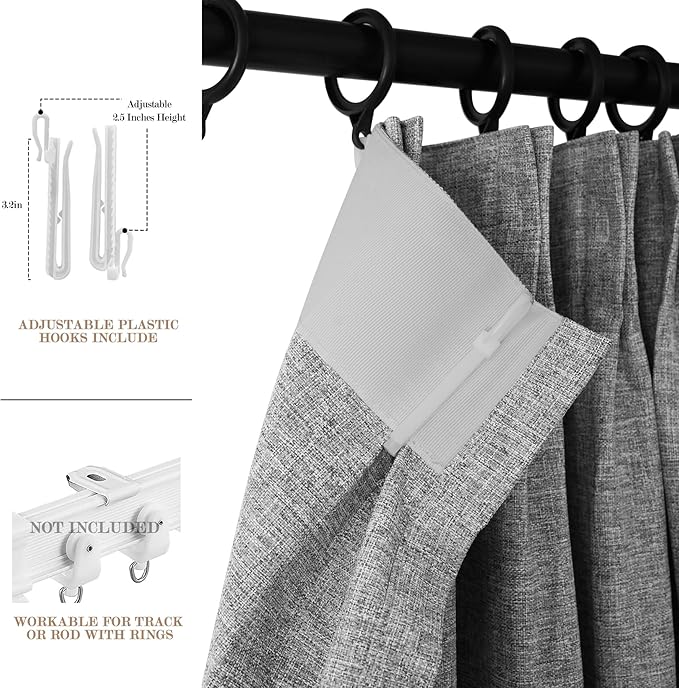 Light Grey Pinch Pleat 100% Blackout Drapes Linen Blend, Room Divider, Room Darkening, Energy Saving, Furniture Protecting, Light Blocking Extra Wide Privacy Curtains, 200Wx102L, 1 PC