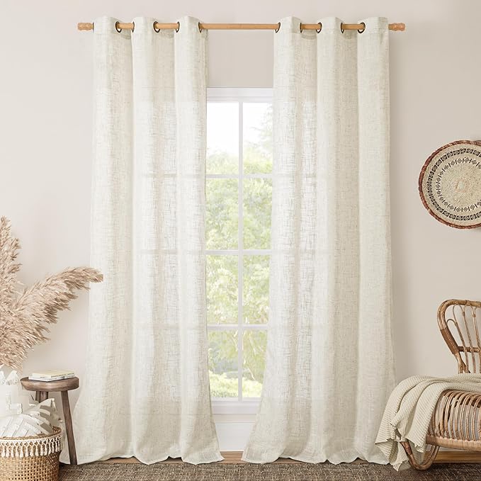 LAMIT Linen Sheer Curtains 84 Inches Long for Living Room, Soft Linen Textured Window Drapes Semi Sheer Light Filtering Bronze Grommet Neutral Panels for Bedroom, Cream Ivory, 2 Panels, 34 x 84 Inch