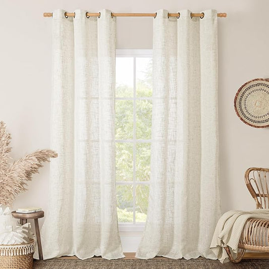 LAMIT Linen Sheer Curtains 84 Inches Long for Living Room, Soft Linen Textured Window Drapes Semi Sheer Light Filtering Bronze Grommet Neutral Panels for Bedroom, Cream Ivory, 2 Panels, 34 x 84 Inch