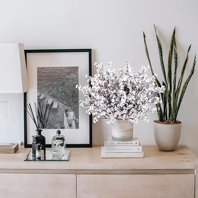 Sggvecsy 15 Pcs Babys Breath Artificial Flowers Gypsophila Bouquets Bulk Real Touch Fake Silk Flowers for Home Wedding DIY Floral Arrangement Kitchen Table Centerpiece Festival Decoration (White)