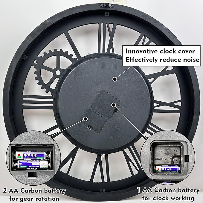 The B-Style Large Wall Clock 18 inch Moving Gear Wall Clock Oversized Vintage Farmhouse Wall Clocks for Living Room Decor Rustic Industrial Wood Clock (Black)