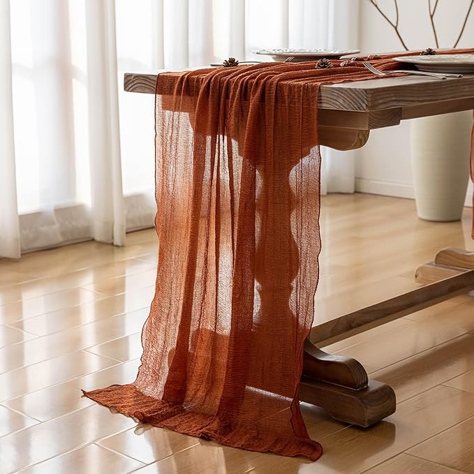 3pcs Fall Terracotta Table Runner Rust Gauze Rustic Cheesecloth 120 Inch 10 FT for Wedding Baby Shower Bridal Shower Birthday Engagement Garden Party Sheer Boho Thanksgiving Decorations