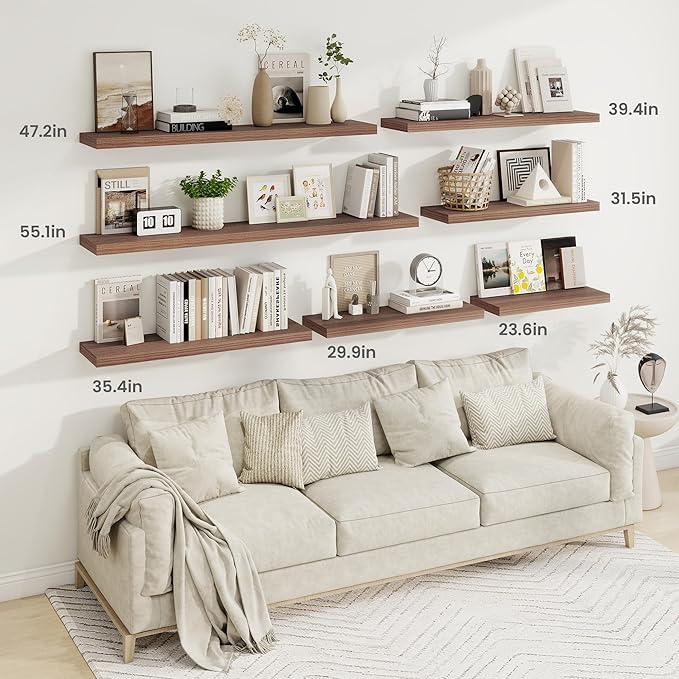 36 Inch Floating Shelves, 9.3 Inch Deep Rustic Wall Shelves - Extra Deeper Wall Mounted Storage Shelves for Bathroom, Kitchen, Living Room (Walnut, Set of 2)