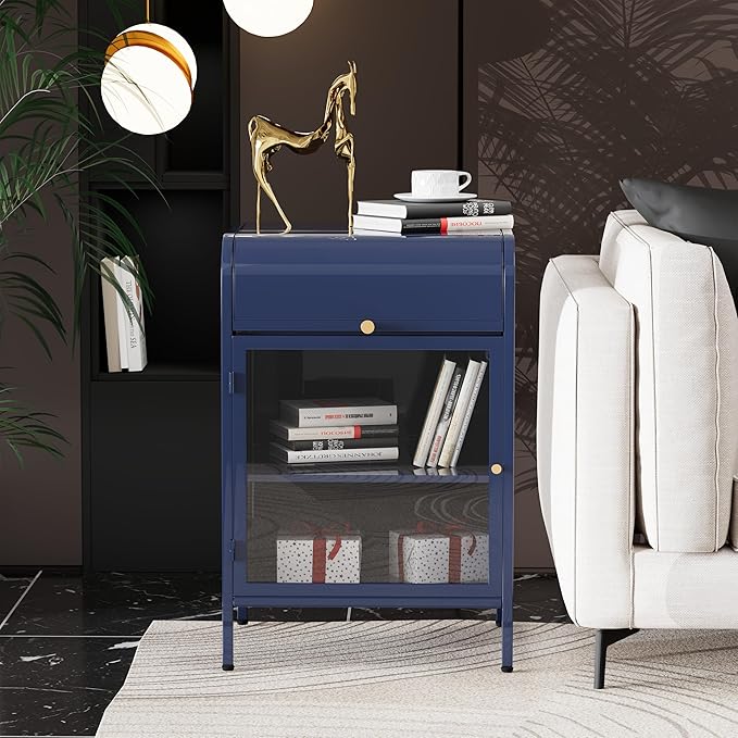 Modern Metal Side Tables, End Tables with Glass Door, 2-Tier Nightstands with Storage Shelves, Accent Table, Slim Sofa Table for Living Room, Bedroom (1, Bule)