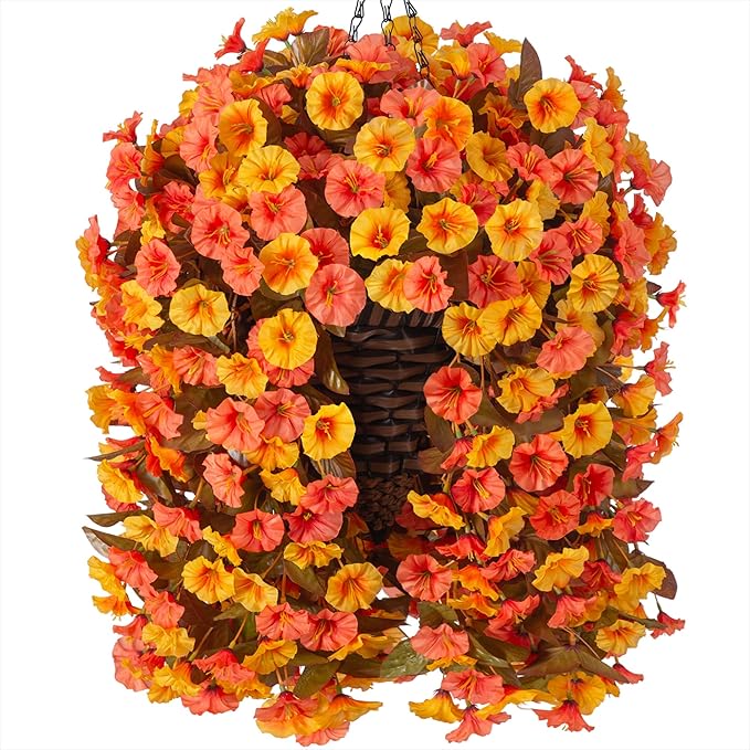 Artificial Fall Fake Hanging Flowers Plants Basket for Outdoor Autumn Decoration, Faux Silk Morning Glory Long Stems Vines Realistic UV Resistant for Outside Home Porch Garden (Fall Orange+Yellow)