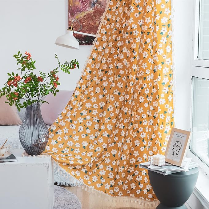 Sutuo Home Boho Curtain Semi-Blackout Yellow Florals Print Cotton Linen Fabric, Handmade Tassels Rod Pocket Bohemian Farmhouse Country Window Drapes for Living Bedroom, 59" W x 84" L, 1 Panel