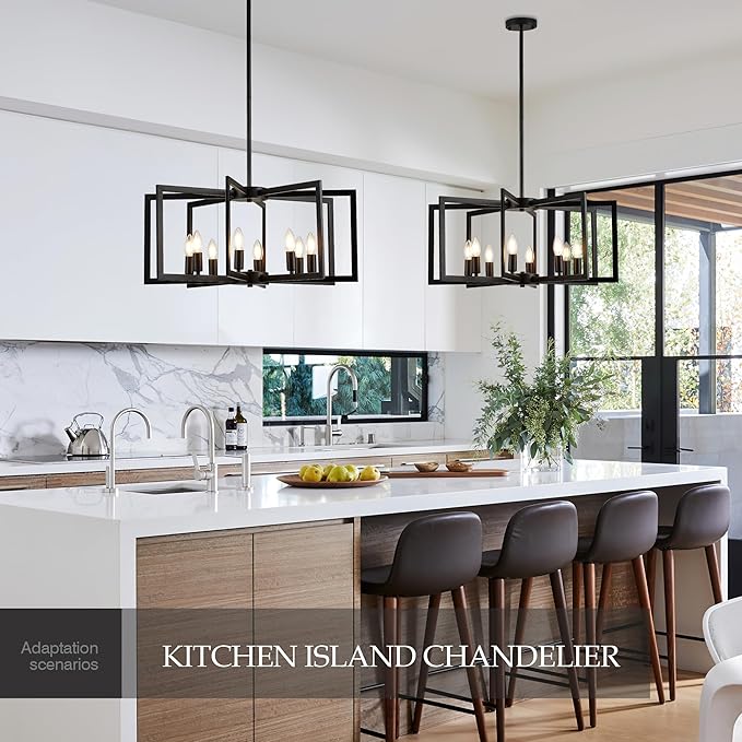 Modern Farmhouse Black Chandeliers for Dining Room, 8-Light Industrial Metal Chandeliers Geometric Pendant Lights Kitchen Island for Entryway Stairway Foyer Hallway