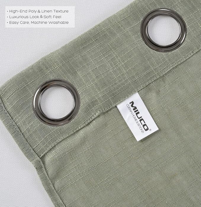 MIUCO Semi Sheer Curtains Poly Linen Textured Solid Grommet Curtains 95 Inches Long for Bedroom 2 Panels (2 x 37 Wide x 95" Long) Sage