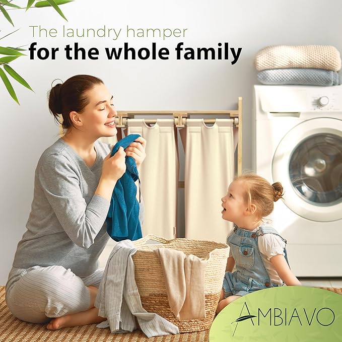 Laundry basket with wheels beige - Large Bamboo Laundry Sorter with Removable Cotton Bags - 3 Section laundry room organization - Durable, Eco-Friendly, and Stylish Storage Solution for Home