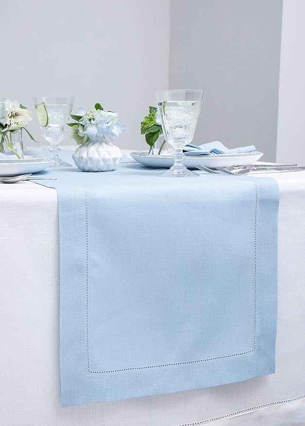 Solino Home Linen Hemstitch Table Runner 108 Inches Long - 100% Pure Linen Sky Blue Table Runner 14 x 108 Inch - Classic Hemstitch