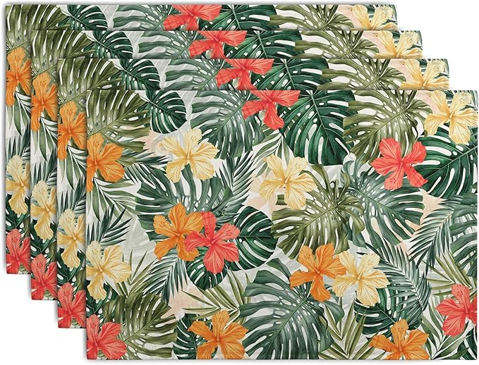 Tropical Palm Leaves Table Mats Set of 4 Summer Watercolor Hibiscus Flower Leaf Placement Mats for Dining Table Washable Non-Slip Heat Resistant Linen Place Mat 12×18 Inch