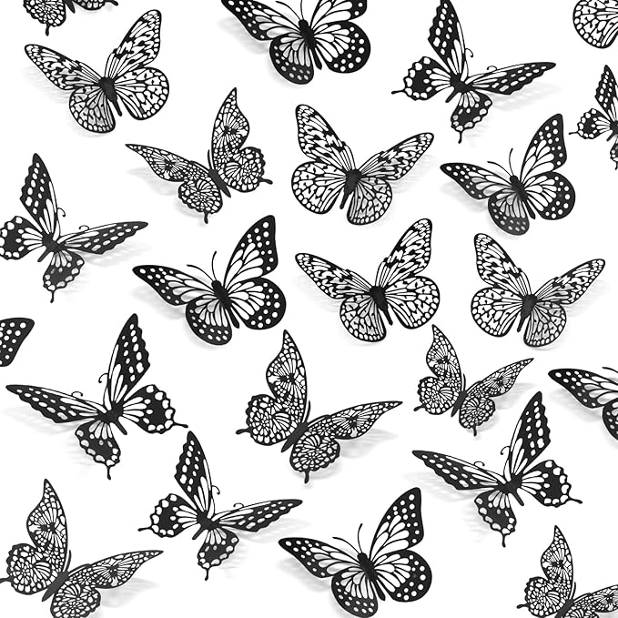 SAOROPEB 3D Butterfly Wall Decor 48 Pcs 4 Styles 3 Sizes, Gold Butterfly Decorations for Butterfly Birthday Decorations Butterfly Party Decorations Cake Decorations, Removable Stickers (Black)