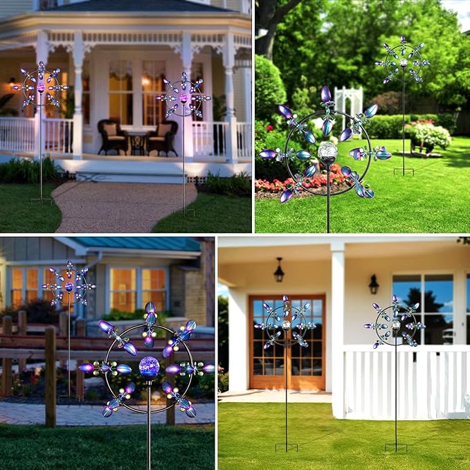 Large Solar Wind Spinners for Yard Art Garden-67 Inch 360° Metal Wind Sculptures Outdoor Clearance Kinetic Windmills with Multi Color Led Glass Ball
