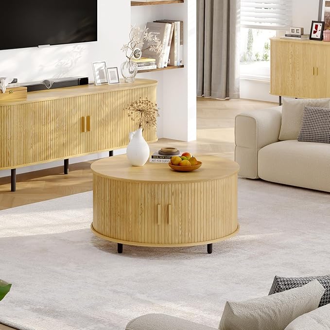 Round Coffee Table with Storage, 31.5" Modern Coffee Table with 360° Curved Sliding Door, Fluted Wood Accent Coffee Table with Adjustable Footpads, Round Center Table for Living Room, Oak