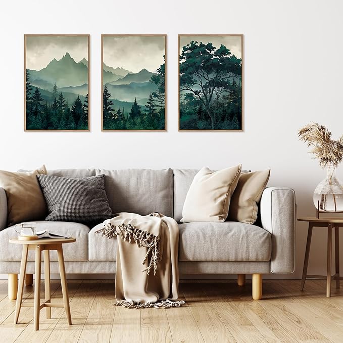 HLNIUC Green Foggy Forest Framed Canvas Wall Art Set,Watercolor Boho Pine Tree Wall Decor,Modern Misty Mountain Scenery Art Print,Nature Landscape Wall Painting for Living Room,Bedroom - 16”x24”x3