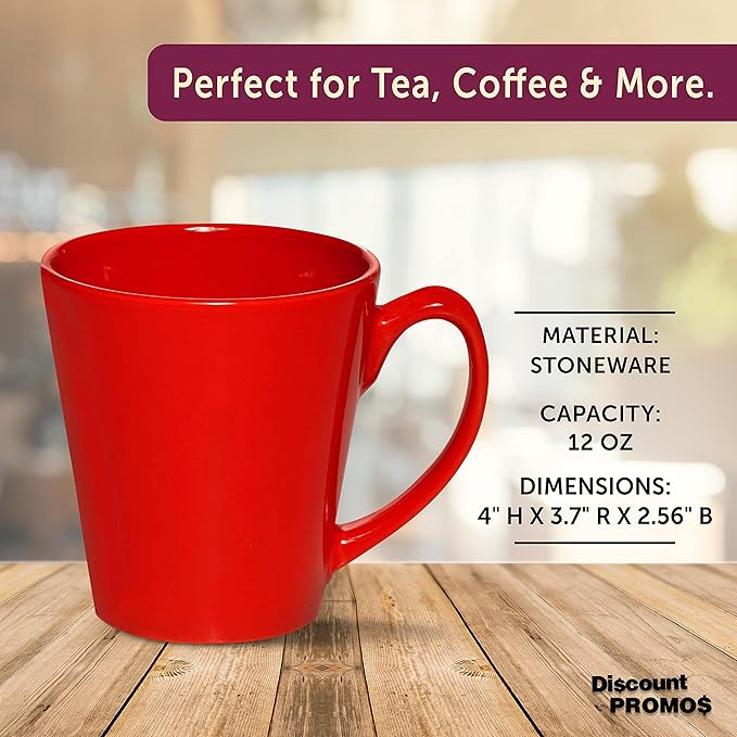 DISCOUNT PROMOS Glossy Ceramic Latte Coffee Mug 12 oz. Set of 10, Bulk Pack - Perfect for Tea, Espresso, Cappuccino, Hot Cocoa - Red