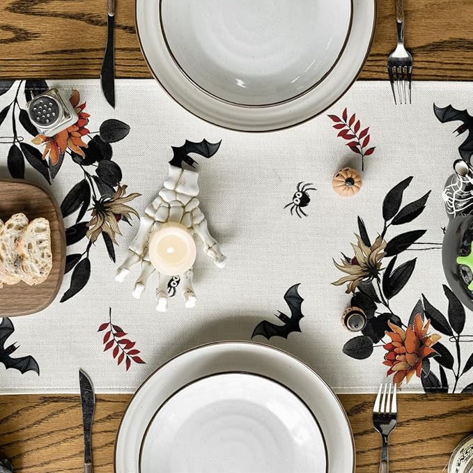 Artoid Mode Pumpkin Ghost Leaves Spider Web 210 GSM Halloween Table Runner, Spooky Kitchen Dining Table Decoration for Home Party Decor 13x48 Inch