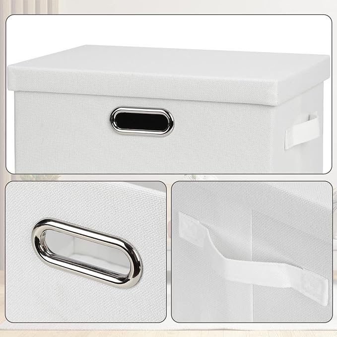 Medium 15" 21 Quart Collapsible Stackable Storage Bins with Lids, 5 Packs White Foldable Fabric Closet Storage Boxes with Lids, Lidded Heavy-duty Linen Baskets(15x11x8)