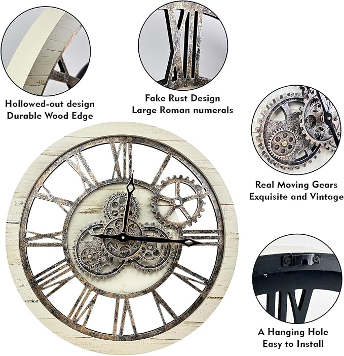 The B-Style Large Wall Clock 24 inch Moving Gear Wall Clock Oversized Vintage Farmhouse Wall Clocks for Living Room Decor Rustic Industrial Wood Clock (Desert Beige, 24 inch/60cm)