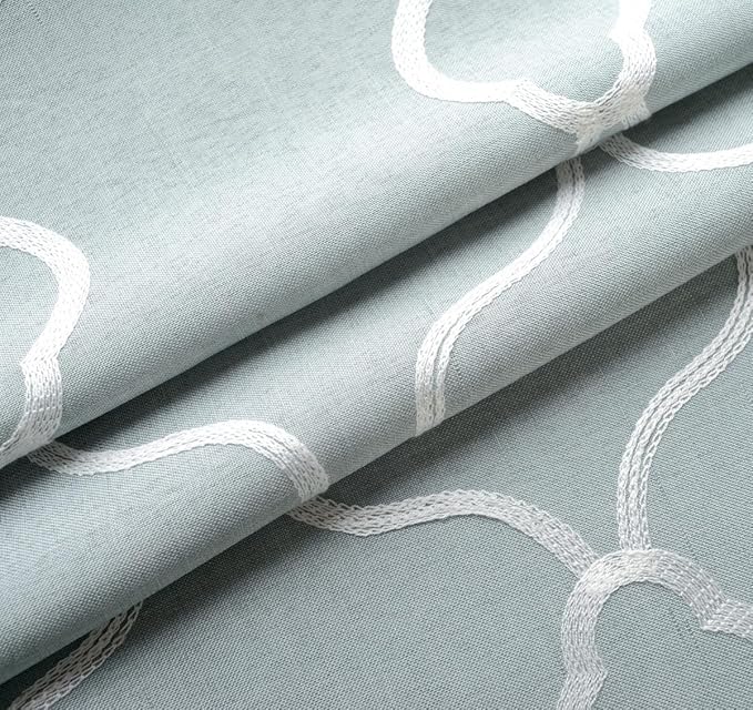 MIUCO Moroccan Embroidered Semi Sheer Curtains Linen Look Grommet Window Curtains for Bedroom 52 x 95 Inch 2 Panels, Sea Foam