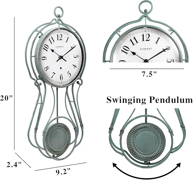 CLXEAST 20 Inch Metal Pendulum Wall Clock Battery Operated,Large Schoolhouse Wall Clocks for Living Room Decor,Antique Aged Teal Green Finish,House Warming Gifts New Home