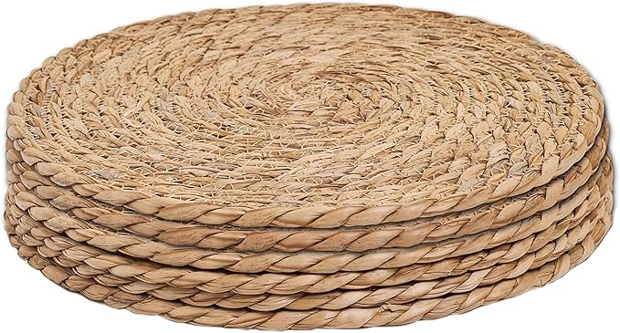 Defined Deco Woven Placemats Set of 6,13" Round Rattan Placemats,Natural Hand-Woven Water Hyacinth Placemats,Farmhouse Weave Place Mats,Rustic Braided Wicker Table Mats for Dining Table,Home,Wedding.