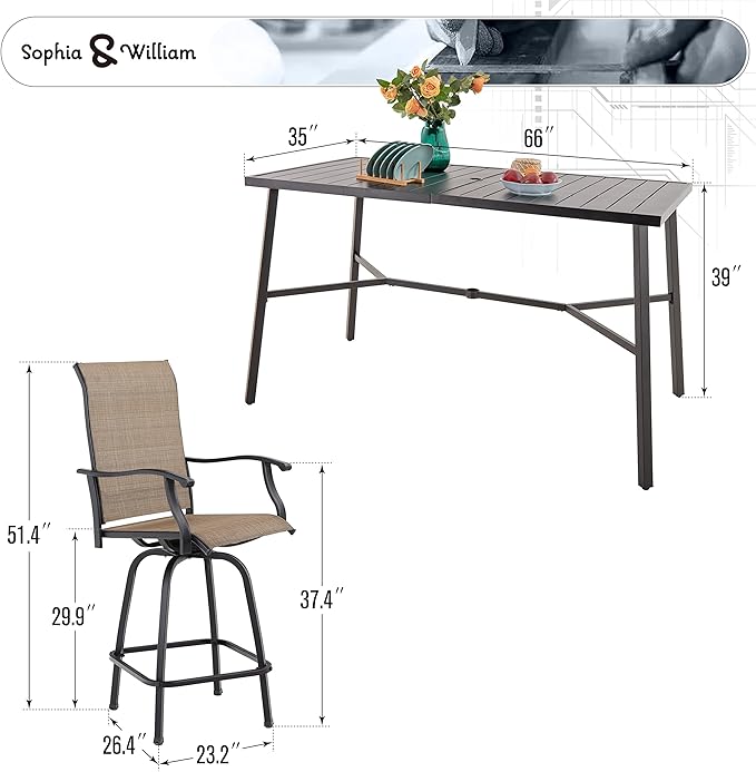 Sophia & William Outdoor Bar Set, Patio Bar Table and Chairs Set, Bar Height Patio Set - 6 x Swivel Bar Chairs(Brown), 1 x Rectangular Bar Table(Black)