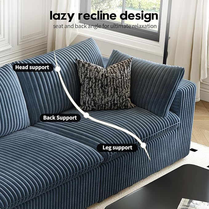 118" Cloud Couch Modular Sectional Sofa for Living Room,Modern Sofa with Deep Seat，U-Shape Boneless Couch with 2 Ottoman,Comfy Upholstered Corduroy Couches for Apartment, Studio, Office,Bedroom，Blue