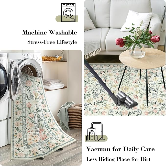 Wonnitar Large Washable 8x10 Rug, Boho Living Room Rug 8 x 10, Soft Floral Carpet for Bedroom Non Slip, Indoor Soft Beige Carpets for Dining Room Apartment Office