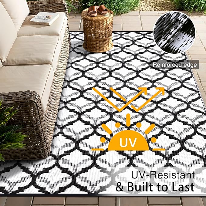 OLANLY Reversible Outdoor Rug 8x10 ft Clearance, Waterproof Outdoor Plastic Straw Rug with Interlacing Pattern, RV Mat for Patio, Camping, Balcony, Deck, Backyard, Black & White