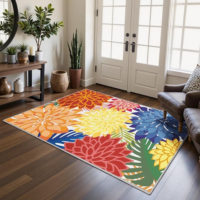 Area Rug 3x5 Washable Entry Rug Multicolored Tropical Botanical Modern Floral Indoor Kitchen Door Mat Entrance Carpet Non Slip for Bedroom Living Room, Porch
