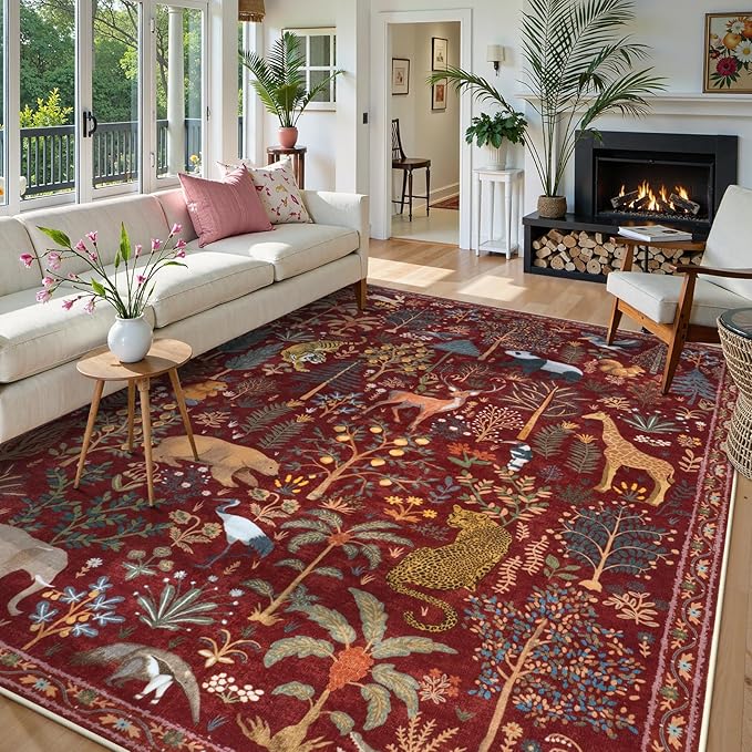 OJIA Animal Washable Rugs 8x10, Soft 8x10 Area Rugs for Living Room, Non Slip Bedroom Rug Under Bed Ultra-Thin Nursery Rug Large Carpet for Dining Room Office Playroom, Red