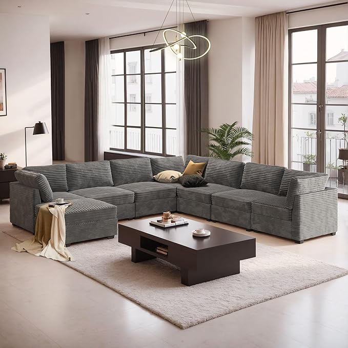 Modular Sectional Sofa with Chaise U Shaped Sectional Couch for Living Room, 8-Seater Comfy Cloud Couches with One Movable Ottoman, Plush Corduroy, Gray