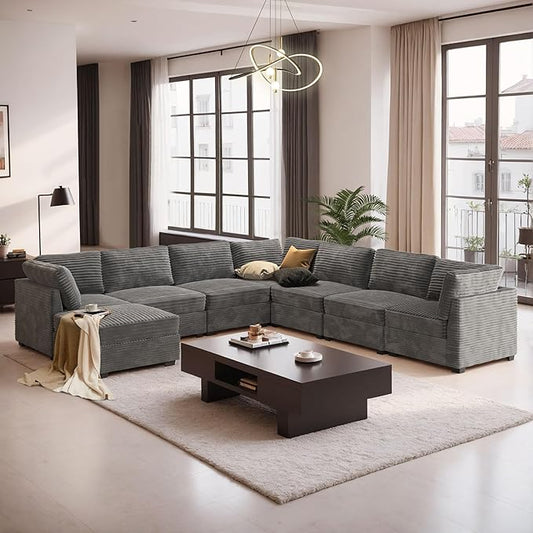 Modular Sectional Sofa with Chaise U Shaped Sectional Couch for Living Room, 8-Seater Comfy Cloud Couches with One Movable Ottoman, Plush Corduroy, Gray